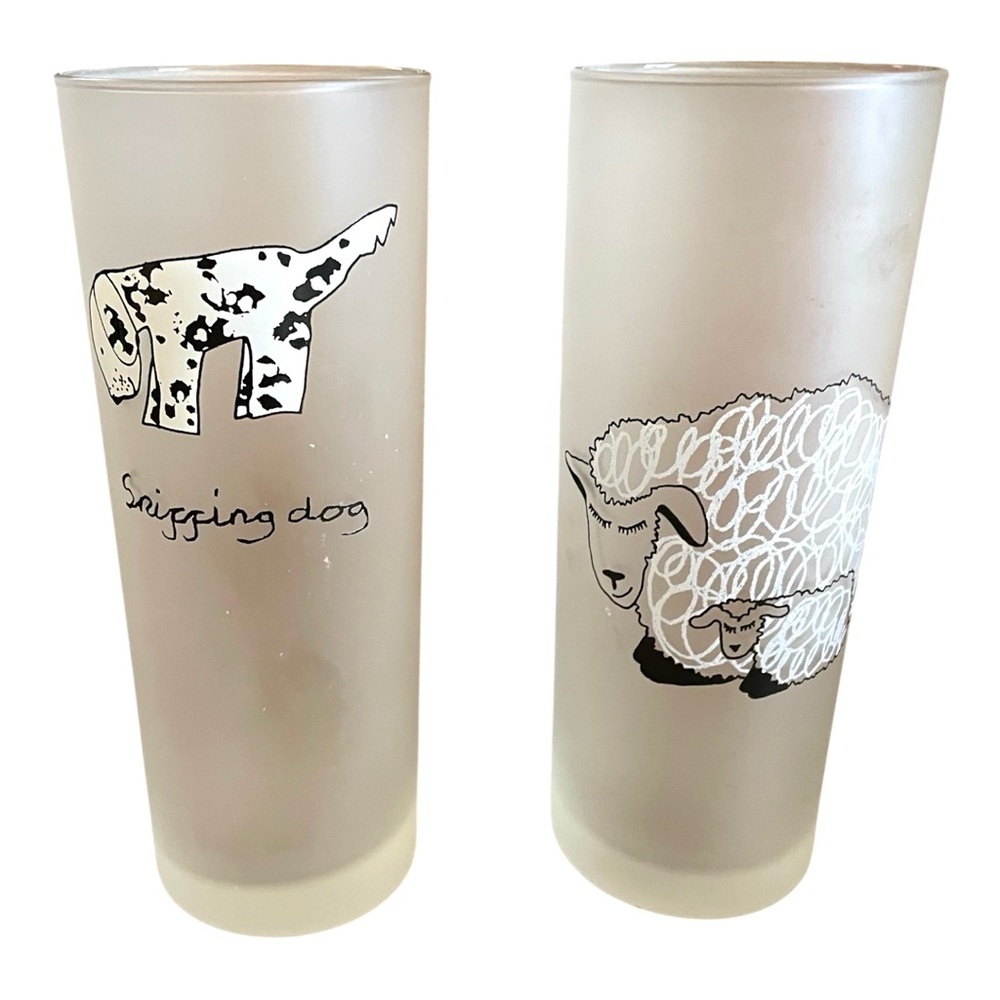 Two Dartington Frosted Crystal Highball Glasses,Sniffing Dog, Sheep, Vintage.